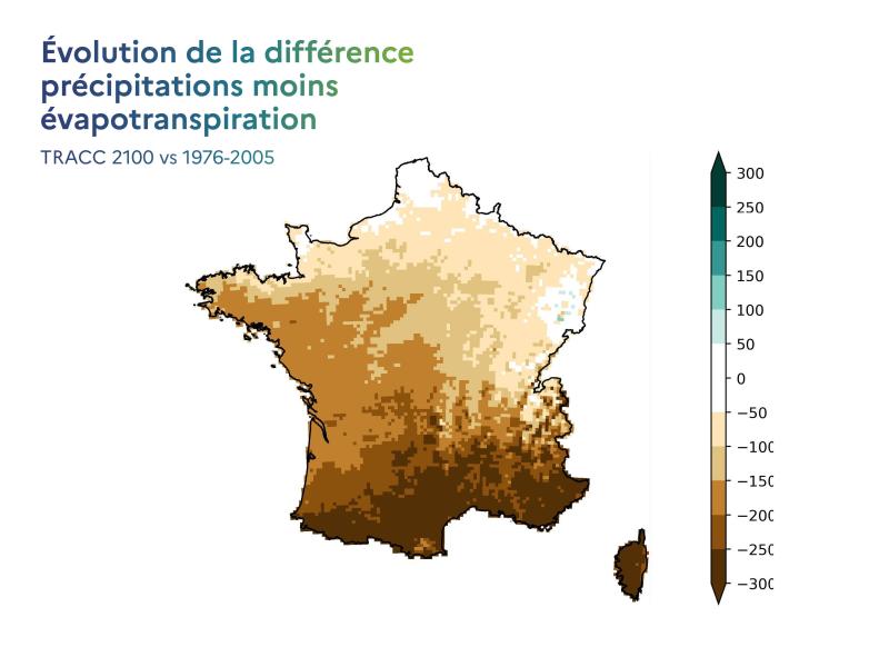 Carte Evolution de la différence  précipitations moins évapotranspiration TRACC 2100 vs 1976-2005